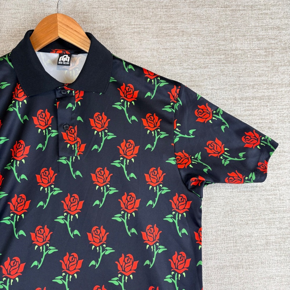 INTO THE AM Men Performance Golf Polo Shirt Black Red Rose Floral All Over Print